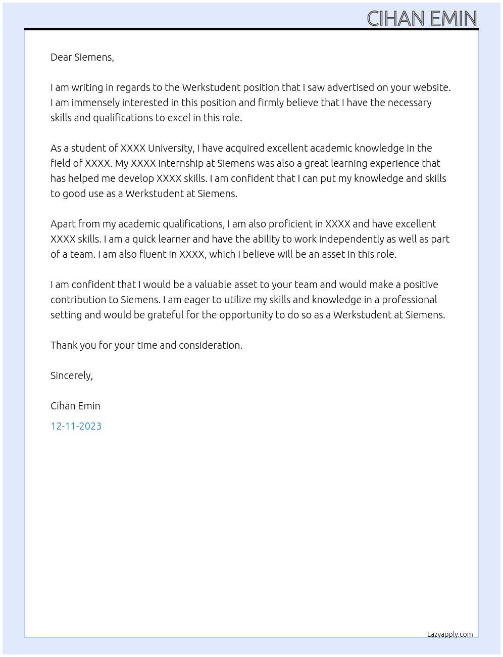 Werkstudent At Siemens Cover Letter