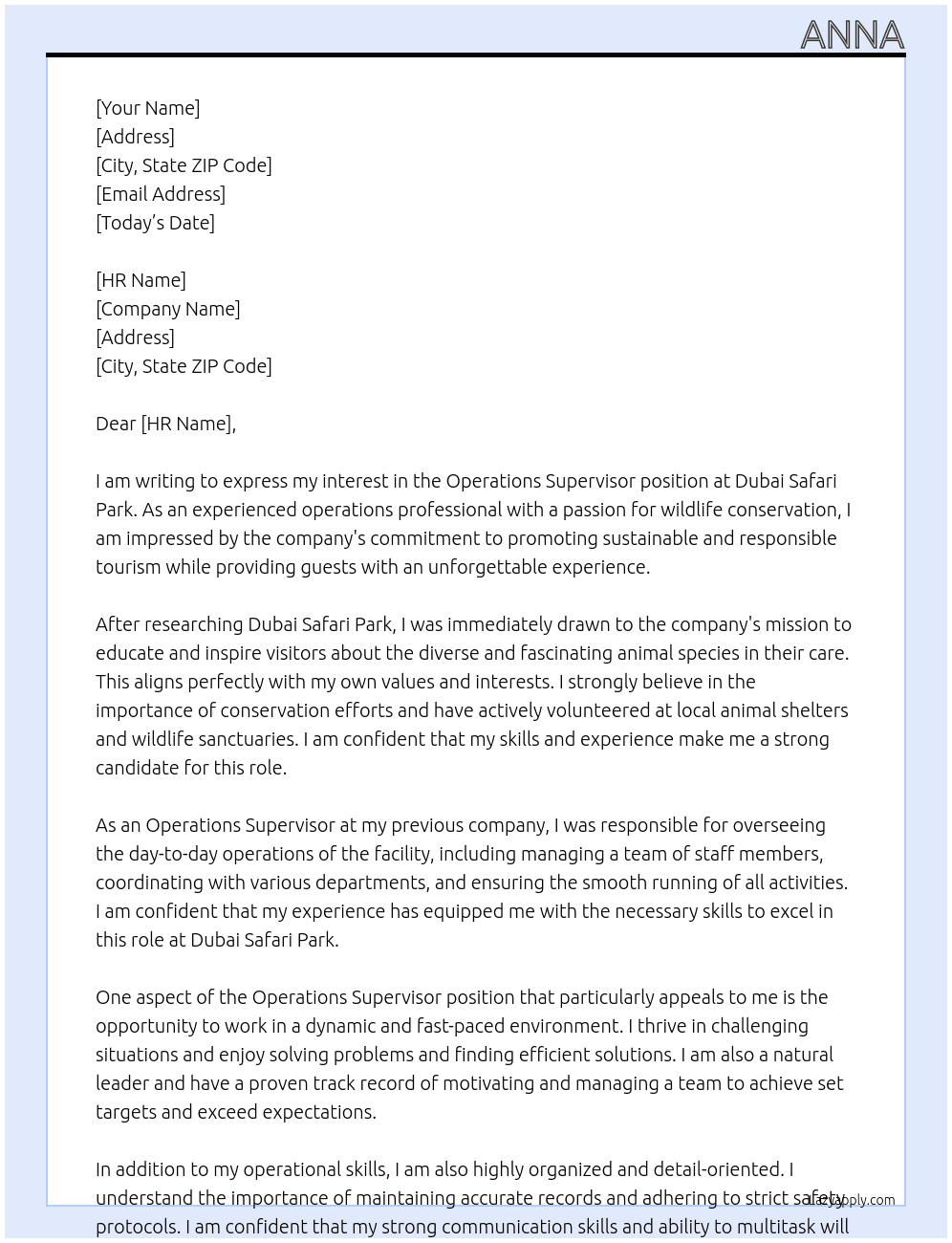 Operations supervisor  At Dubai Safari Park  Cover Letter