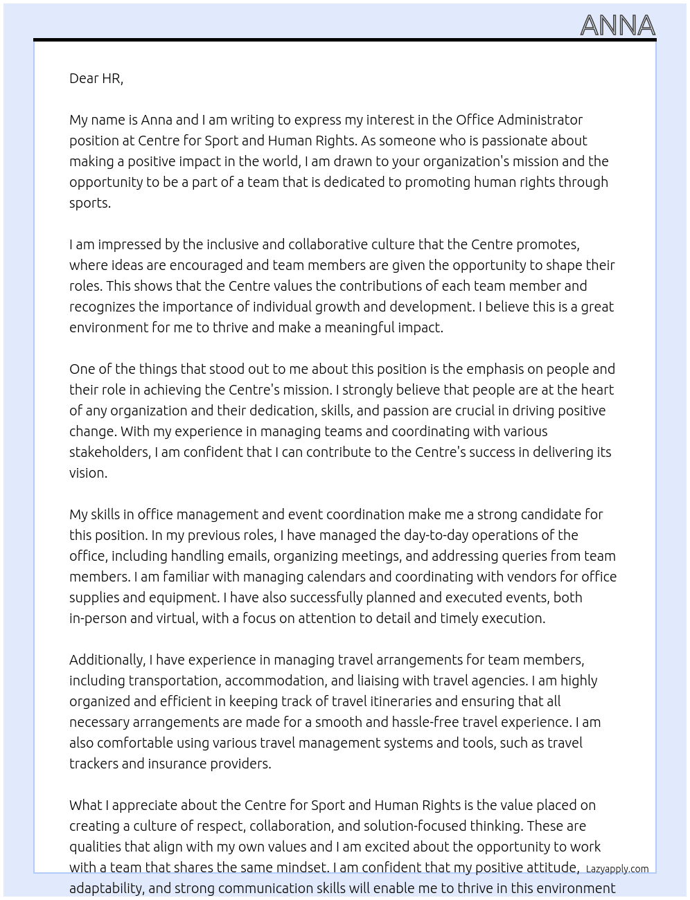Office Administrator At Centre for sport and Human Rights Cover Letter