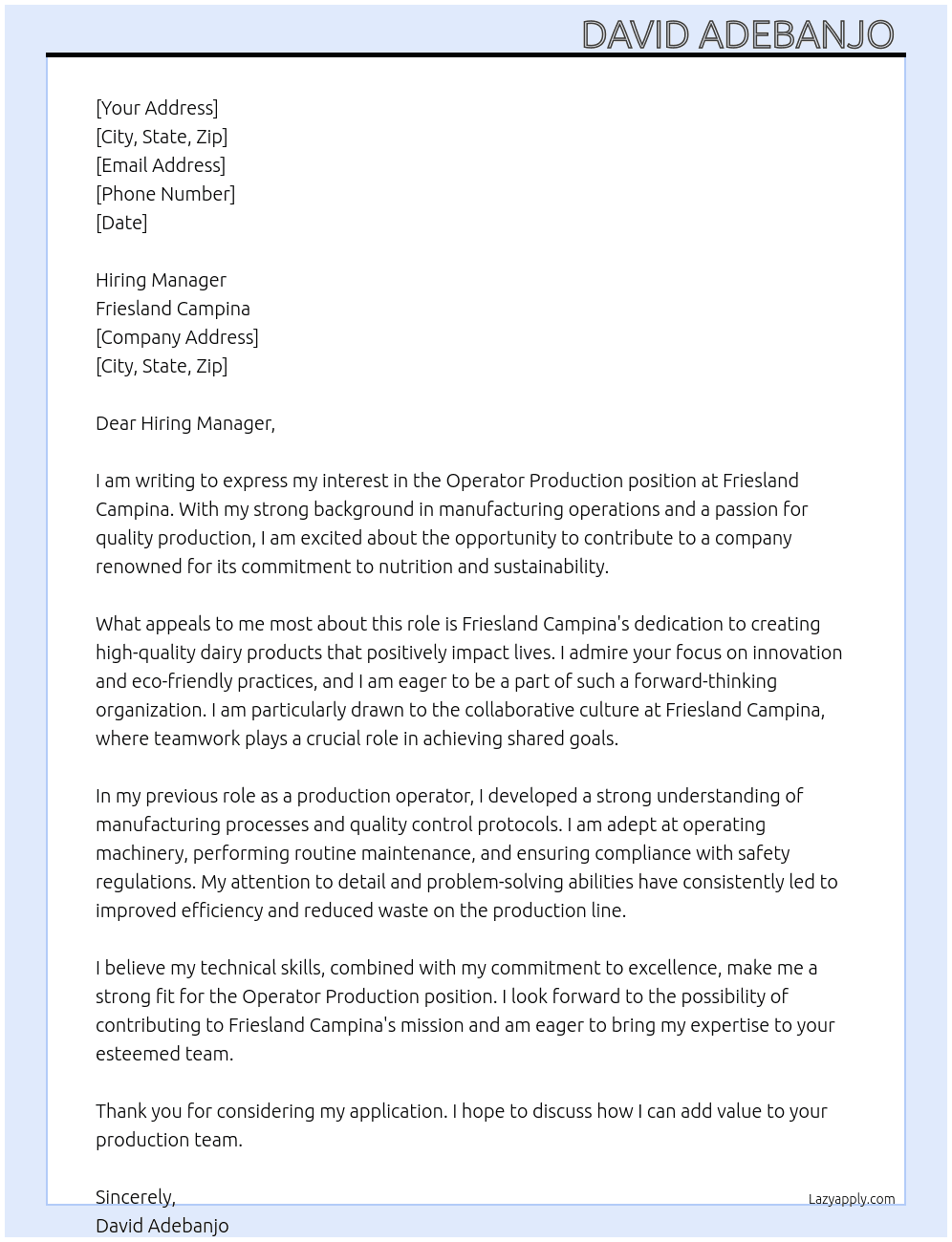 Operator Production  At Friesland Campina Cover Letter