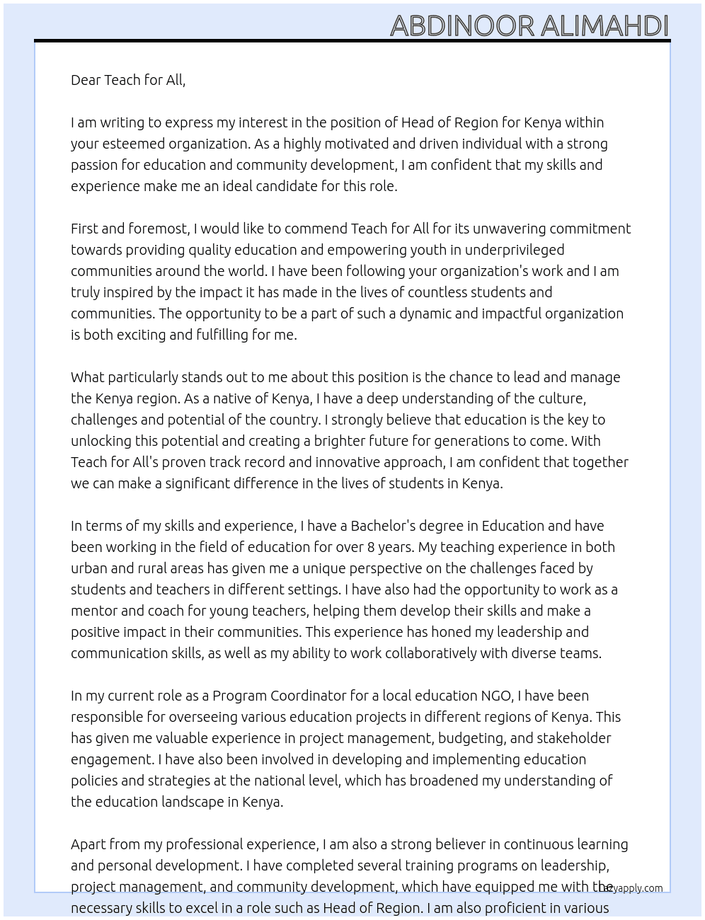 Head of Region, Kenya At Teach for All Cover Letter