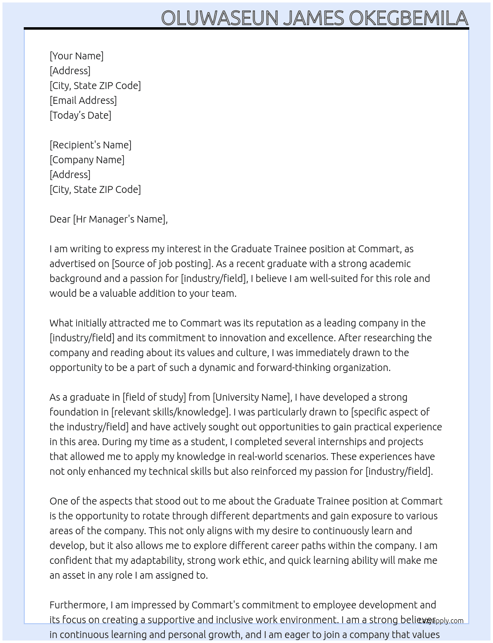 Graduate Trainee At commart Cover Letter
