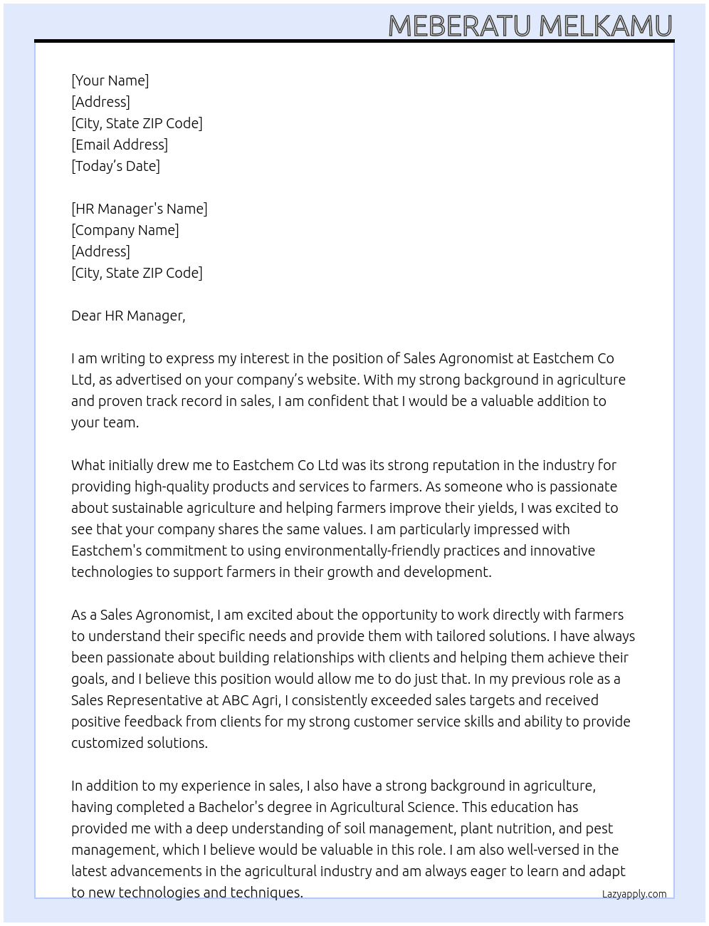 sales agronomist At Eastchem Co Ltd Cover Letter