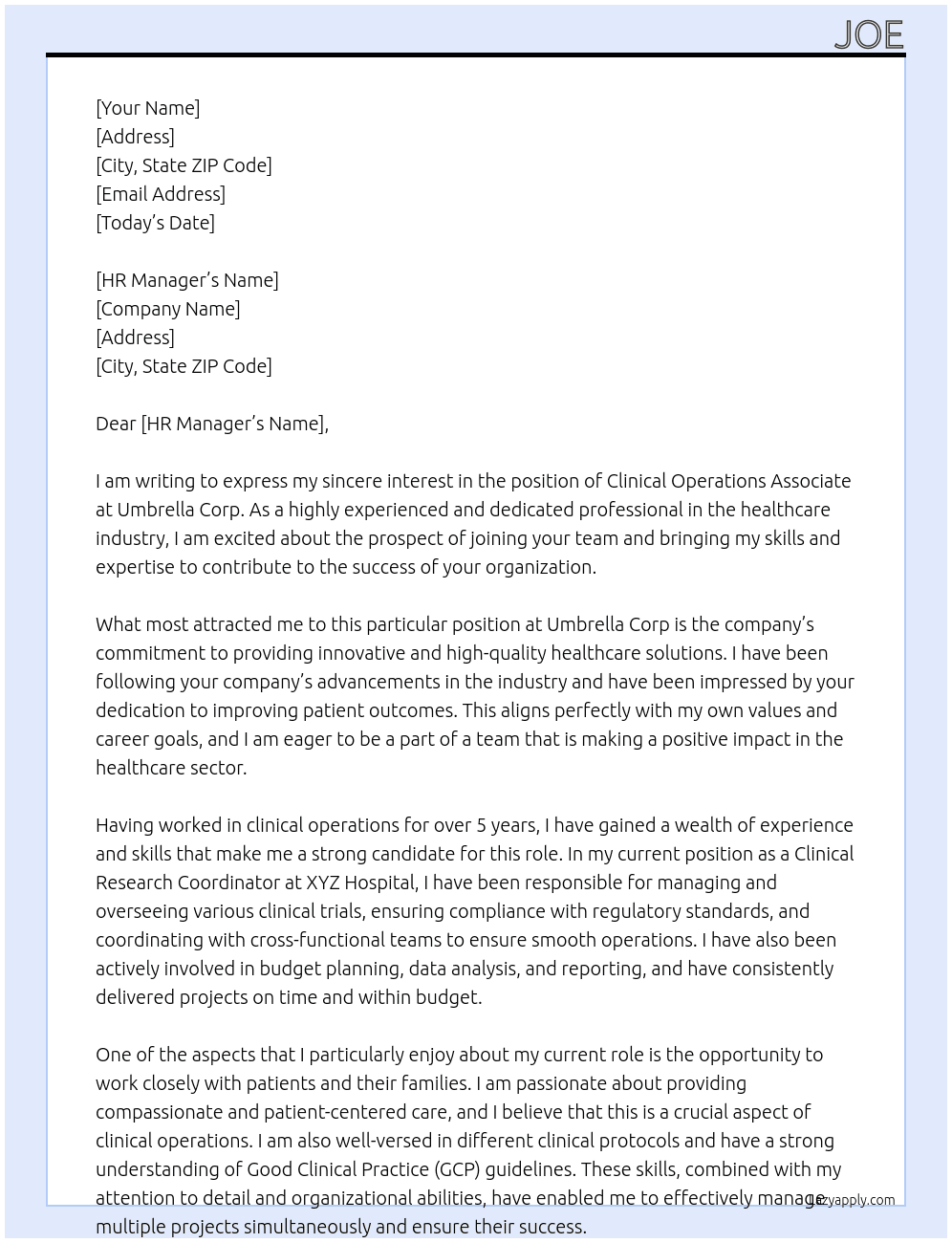 Clinical Operations Associate At umbrella corp Cover Letter