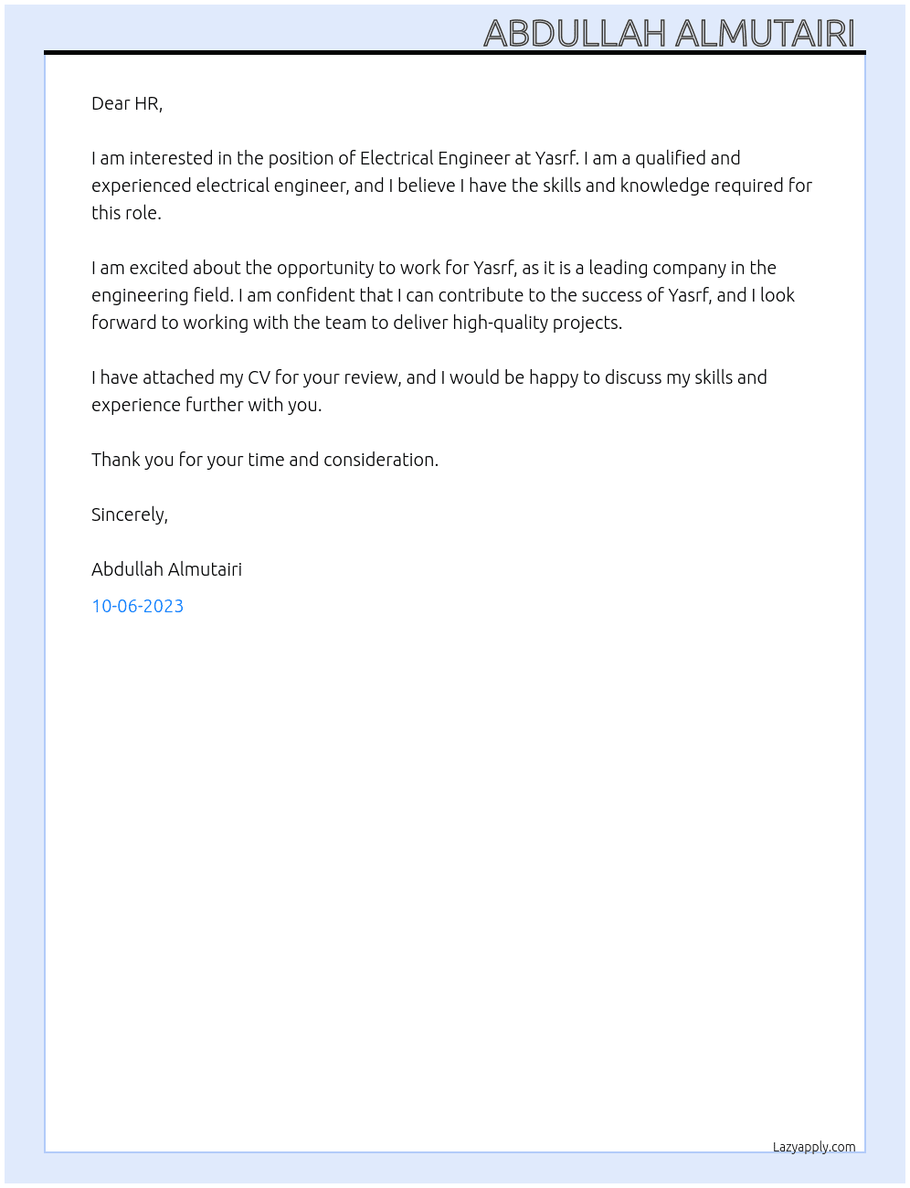 Electrical Engineer  At Yasrf Cover Letter