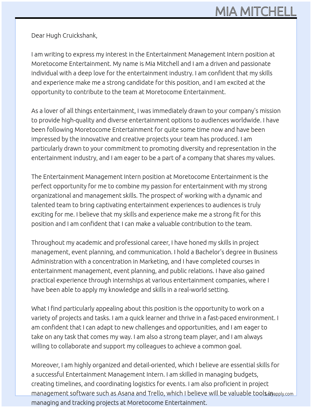Entertainment Management Intern At moretocome entertainment Cover Letter