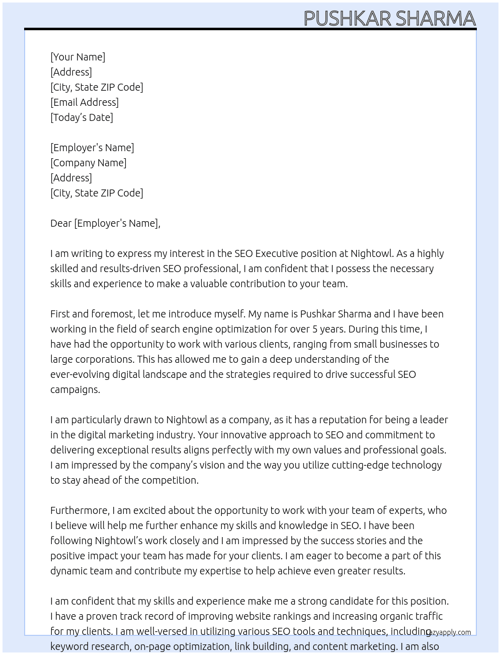 SEO executive At nightowl Cover Letter
