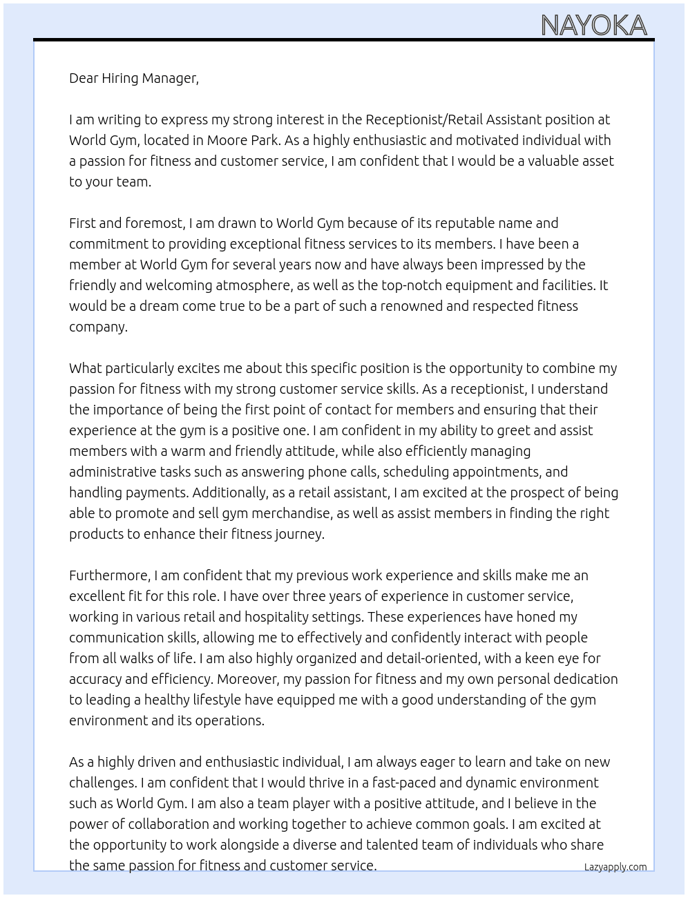 Receptionist/Retail Assistant At World Gym  Cover Letter