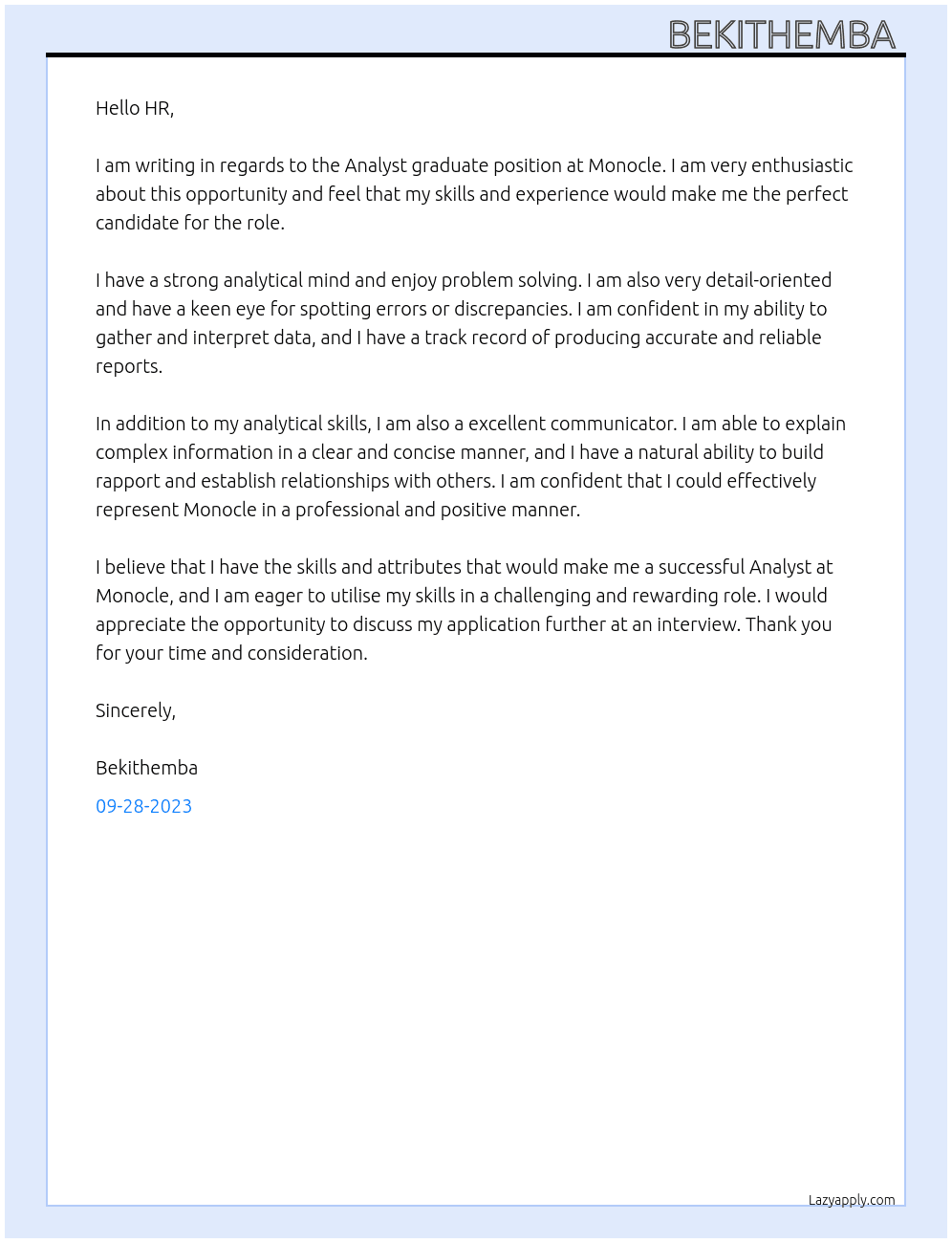 Analysts graduate  At Monocle  Cover Letter