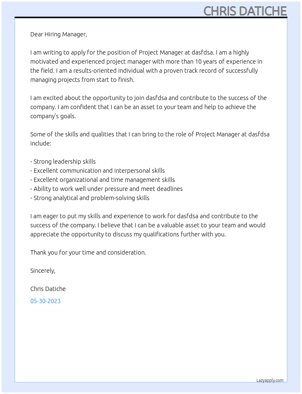 Project Manager At dasfdsa Cover Letter