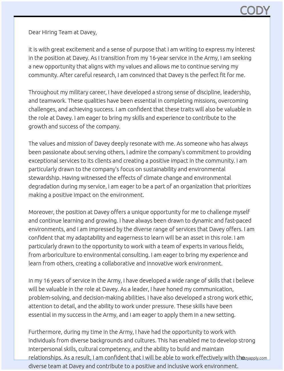 Relocating to Pennsylvania from 16 years service in The Army At Davey Cover Letter