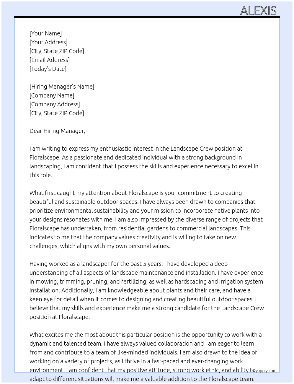 Landscape Crew At Floralscape  Cover Letter
