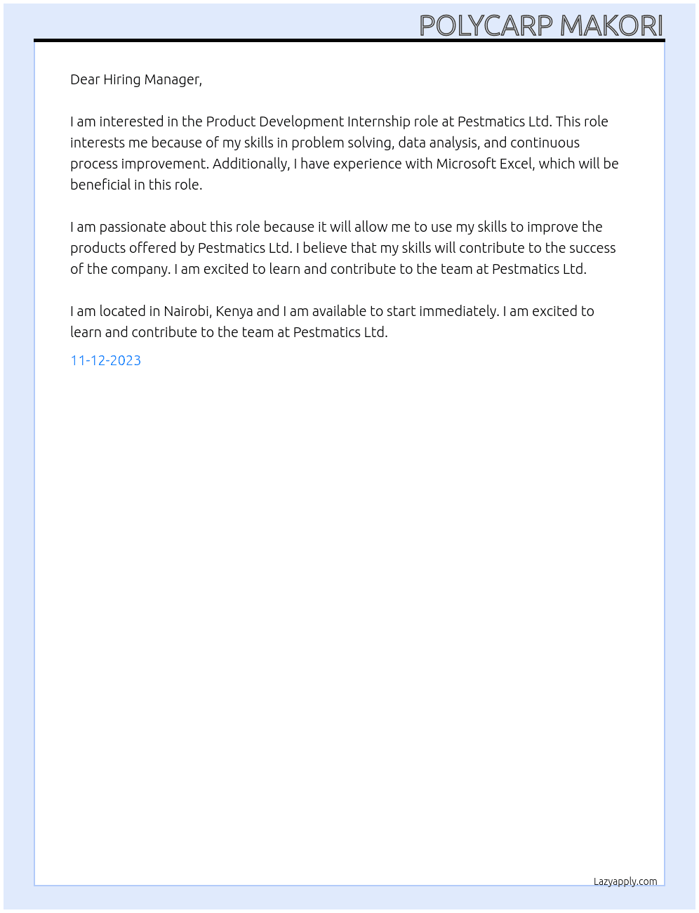Product development At Pestmatics Ltd Cover Letter