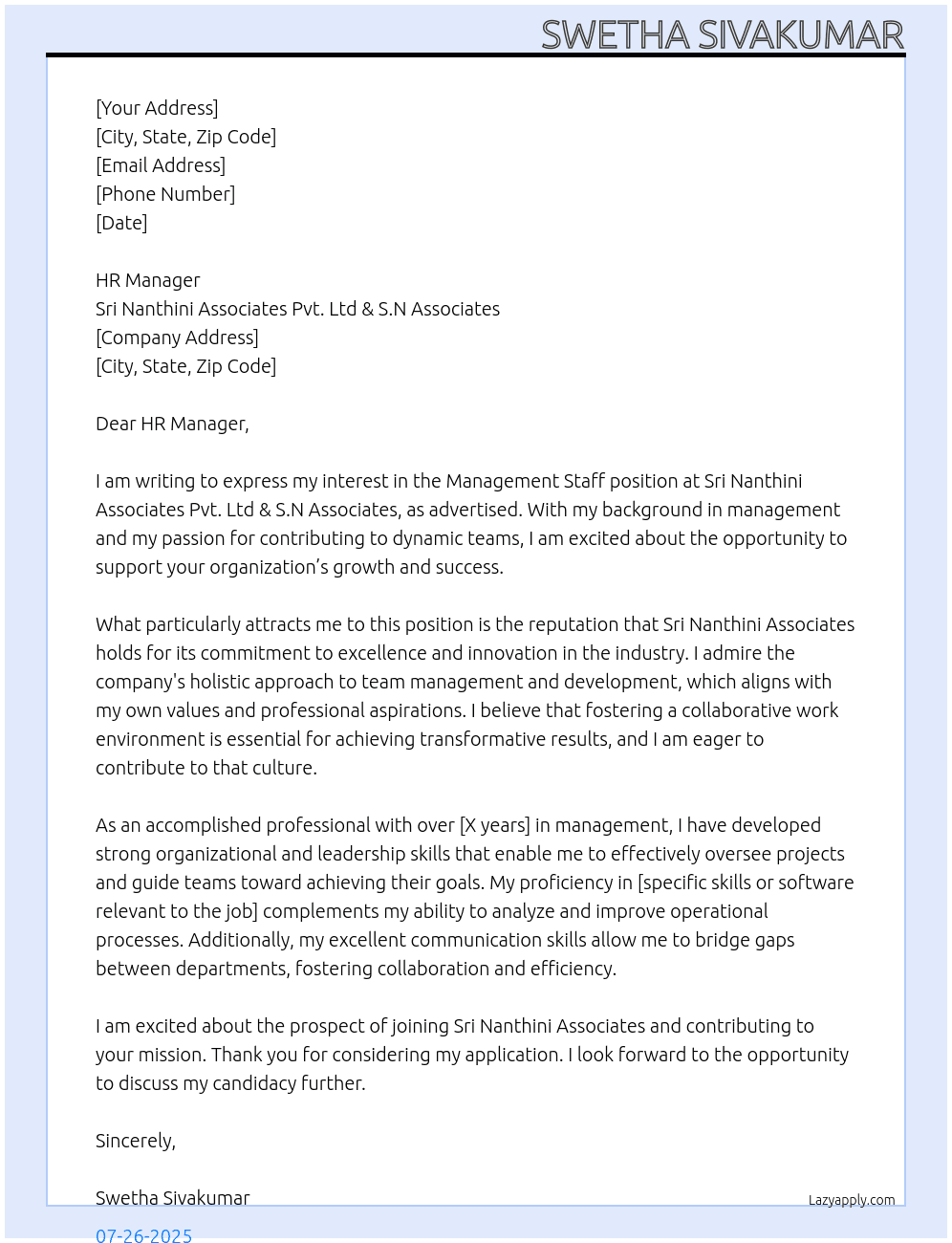 Cover letter for management staff - LazyApply