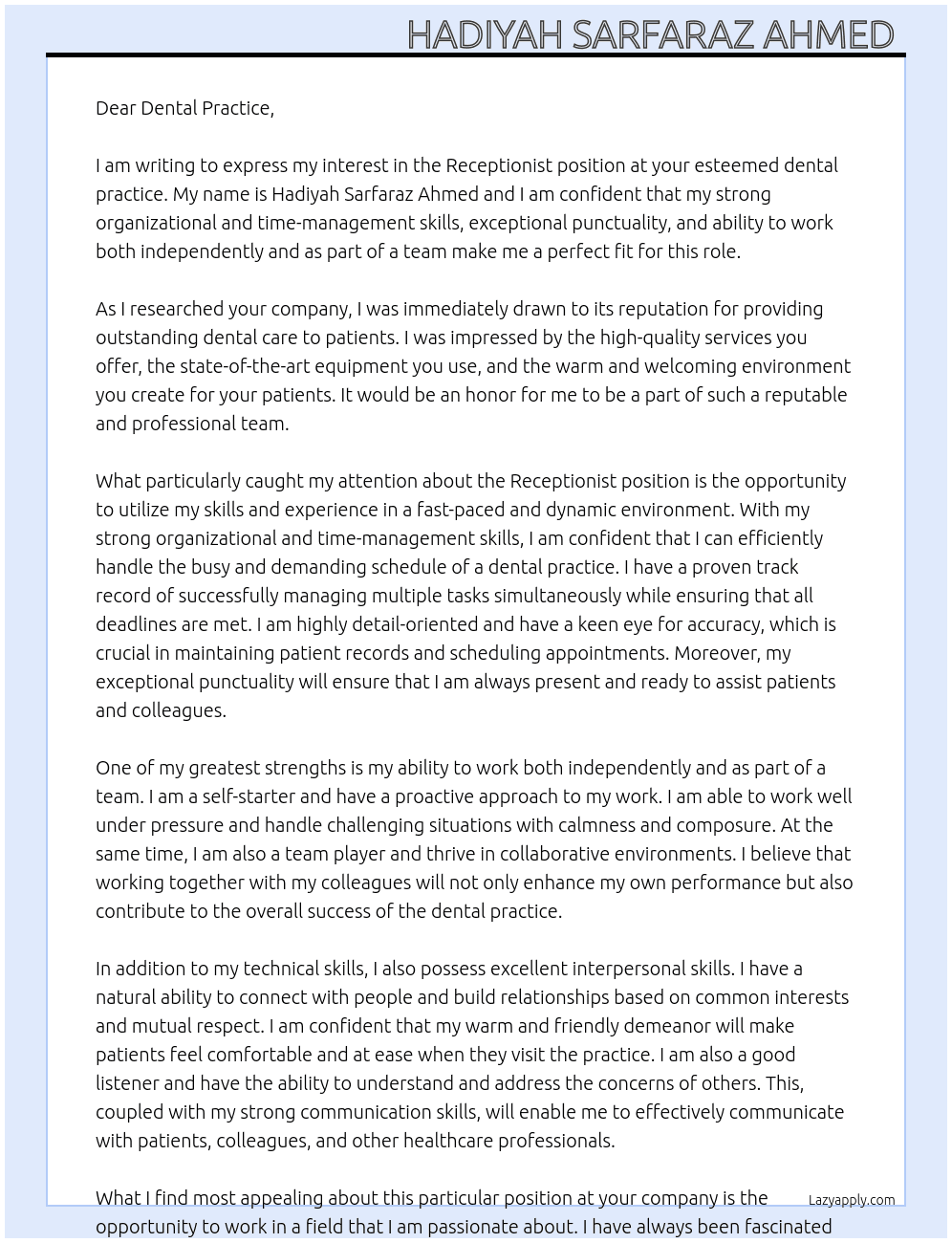 Receptionist  At Dental practice  Cover Letter