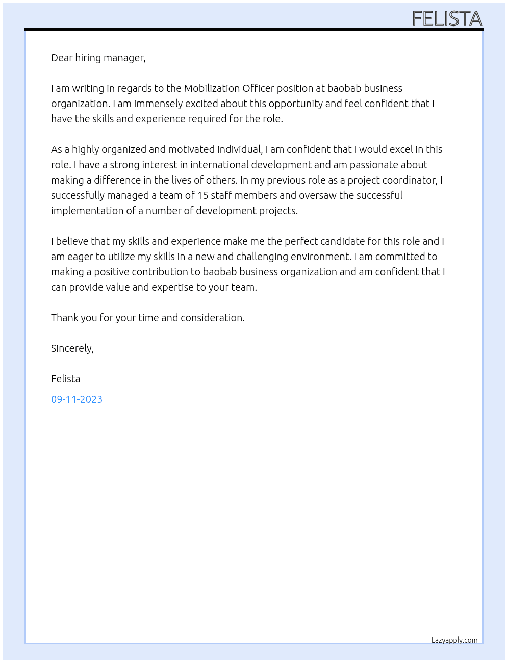 Mobilization Officer At  baobab business organization  Cover Letter