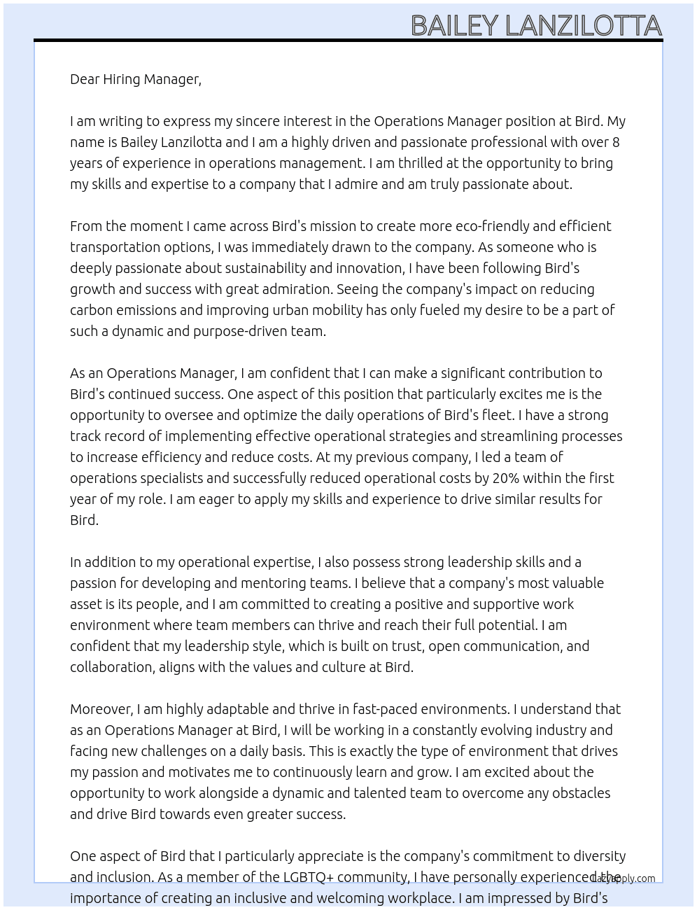 Operations Manager At Bird Cover Letter