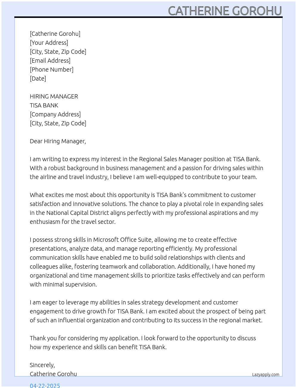 Regional Sales Manager At TISA BANK Cover Letter