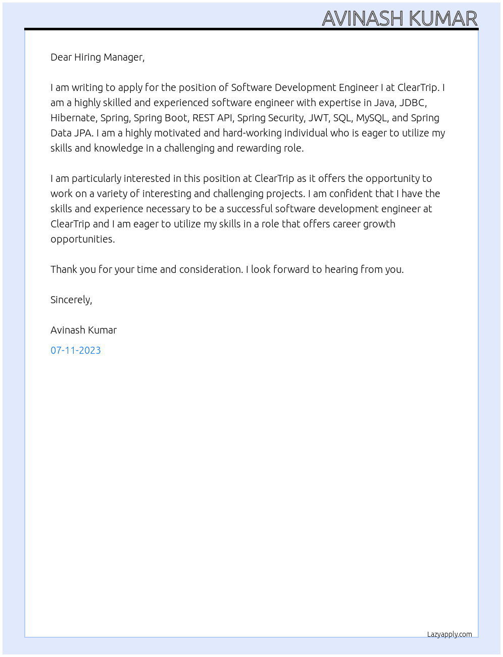 Software Development Engineer I At ClearTrip Cover Letter