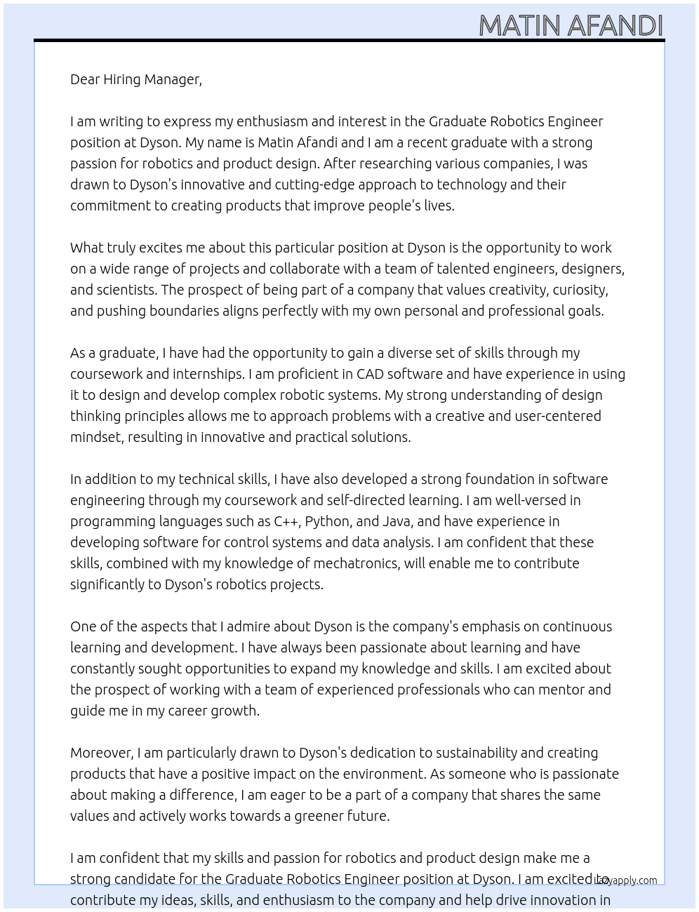 Graduate Robotics Engineer At Dyson Cover Letter