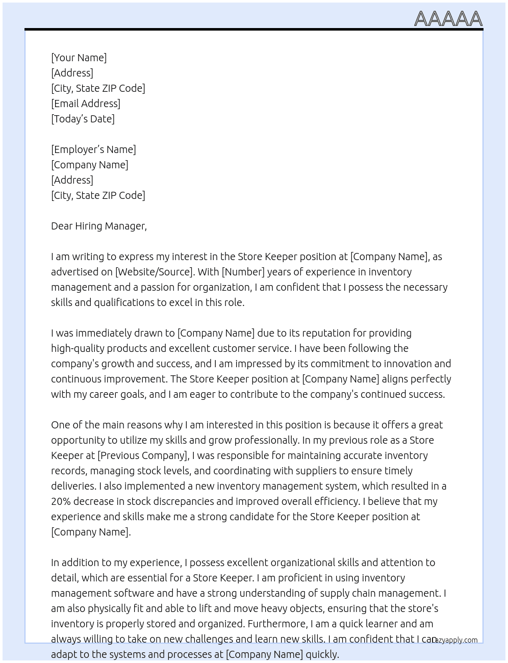 store keeper At aaaaaaaaa Cover Letter