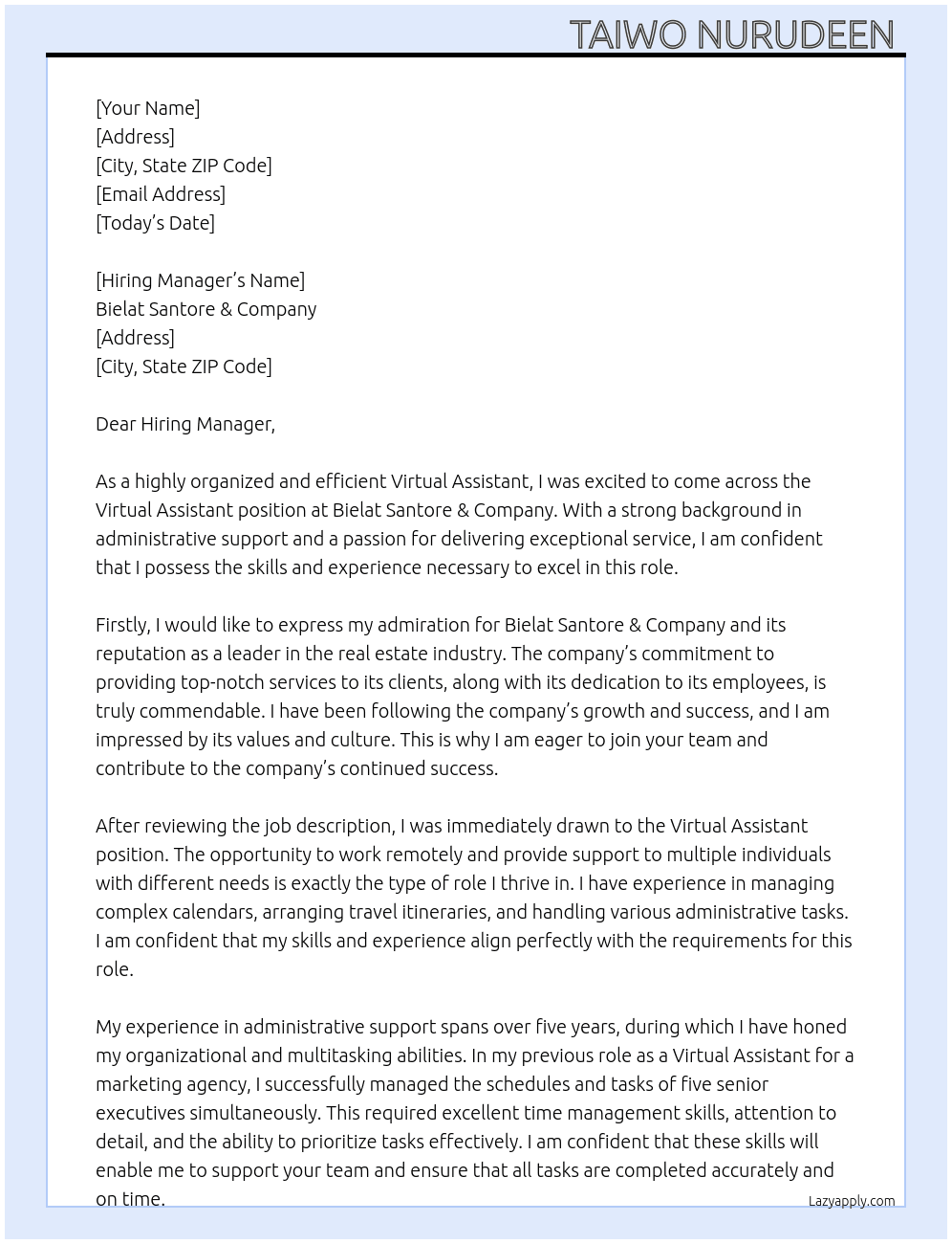 Virtual assistant  At Bielat Santore & Company Cover Letter