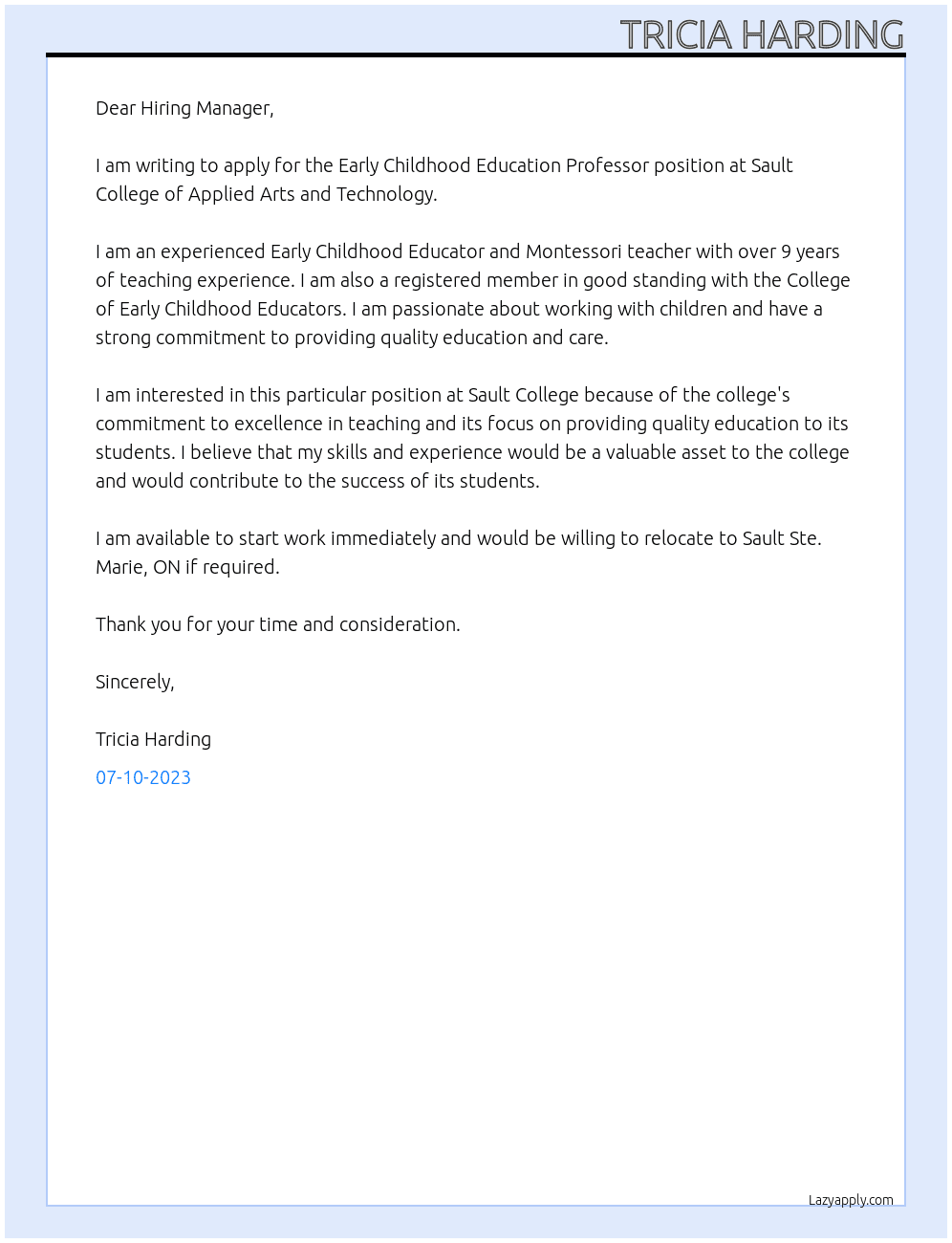Early Childhood Education Professor At  Sault College of Applied Arts and Technology Cover Letter
