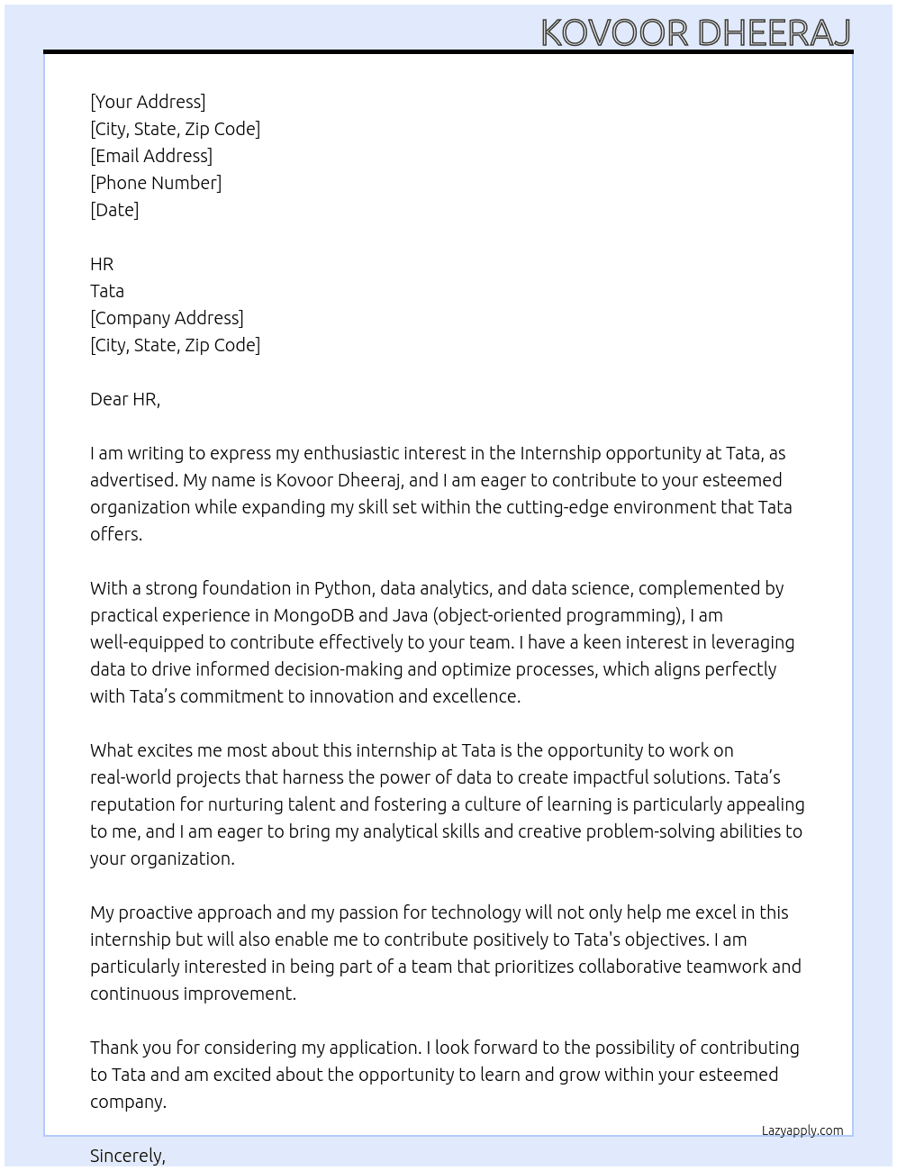 Intern At Tata Cover Letter
