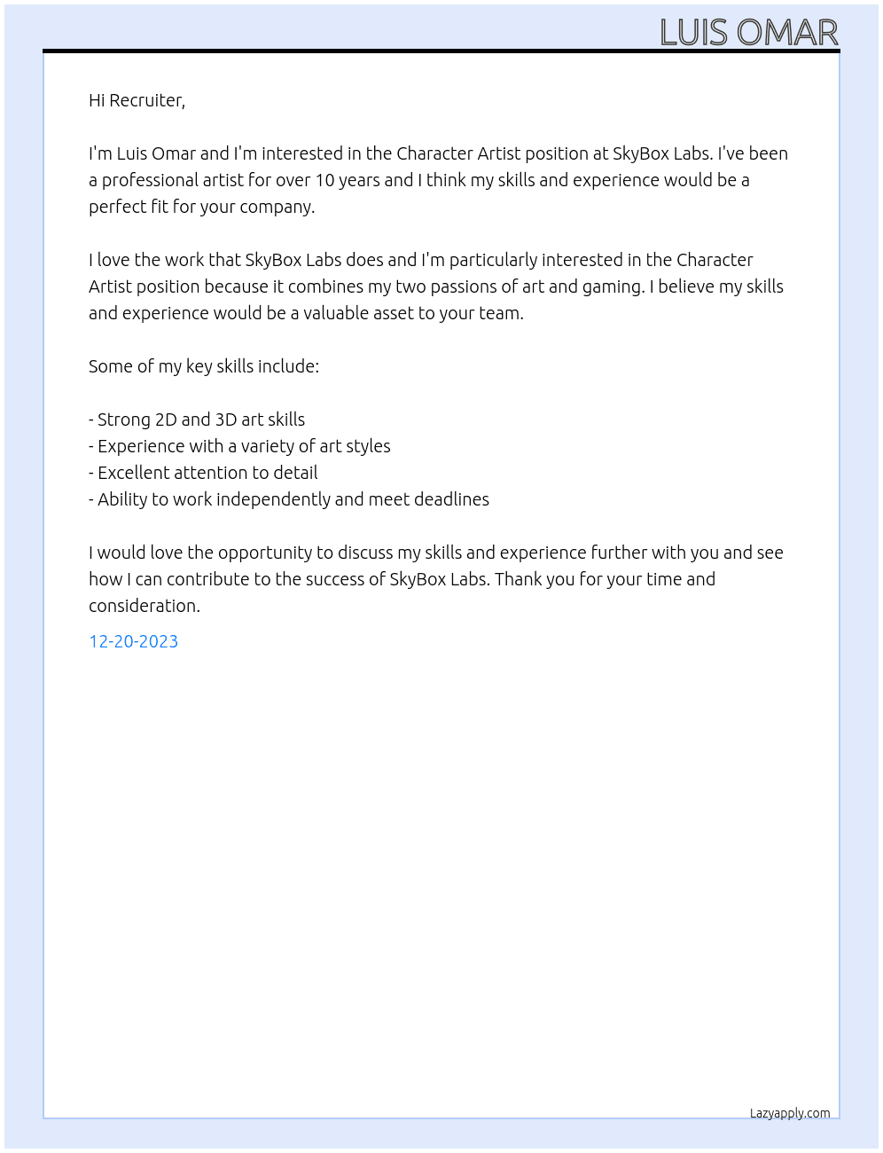 Character Artist At SkyBox Labs Cover Letter