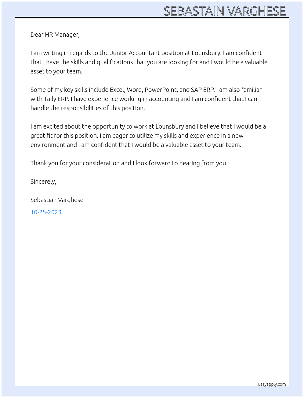 Junior Accountant  At Lounsbury  Cover Letter