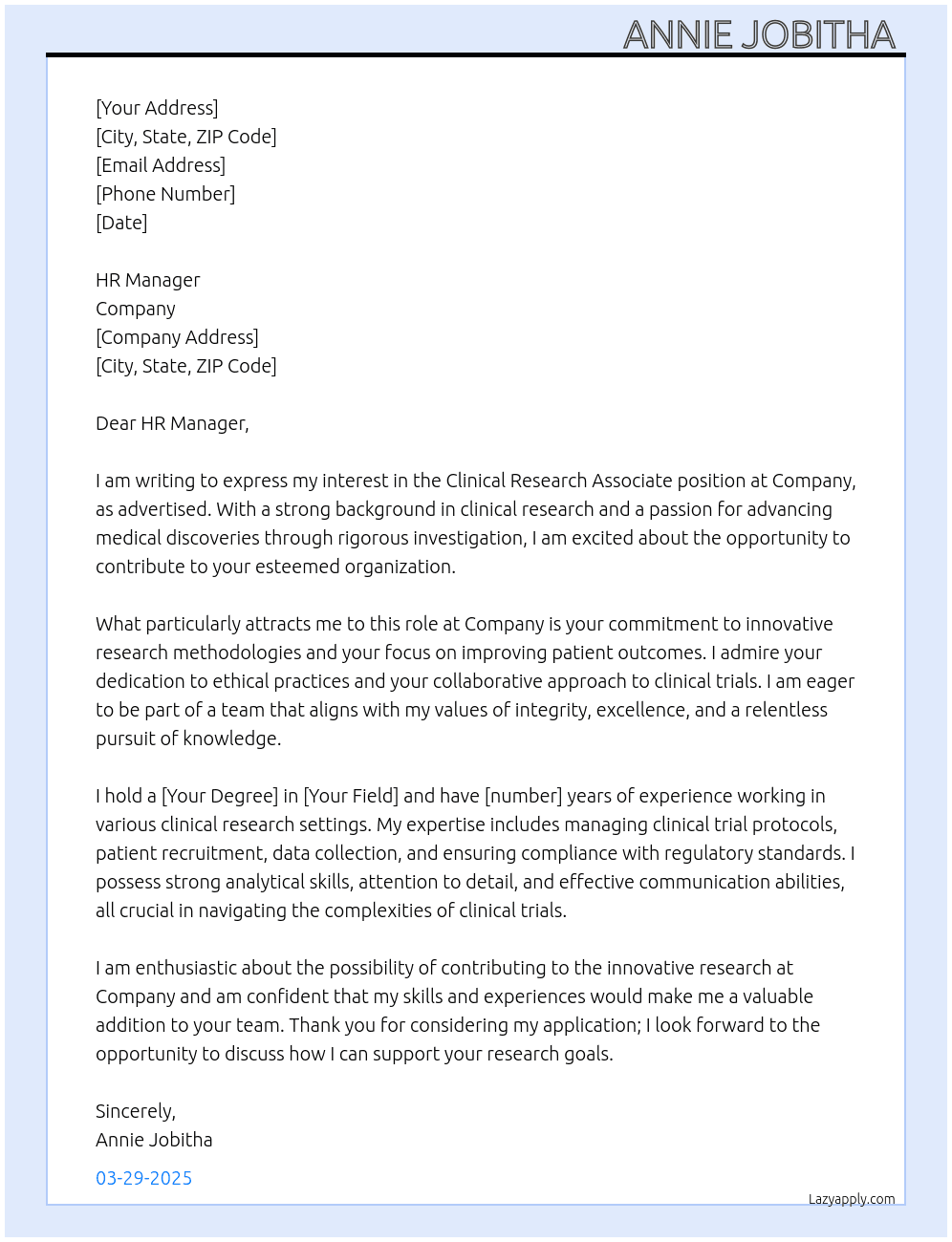 Clinical research associate  At Company  Cover Letter