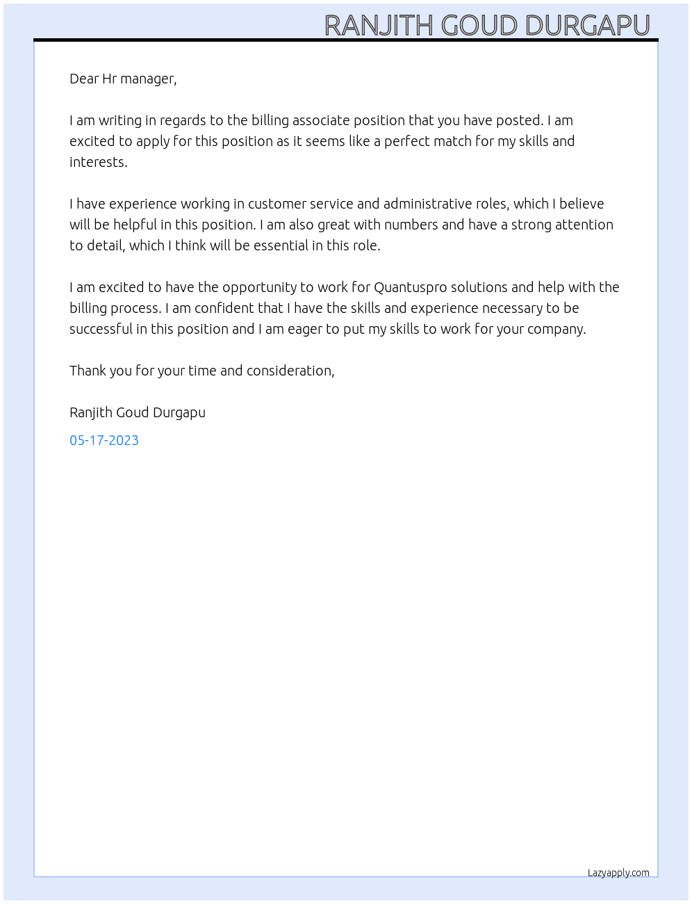 Billing associate  At Quantuspro solutions  Cover Letter