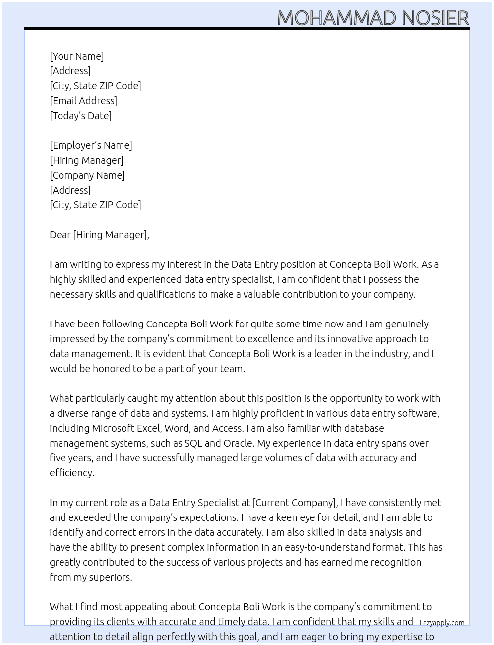 Data Entry At Concepta Boli Work Cover Letter