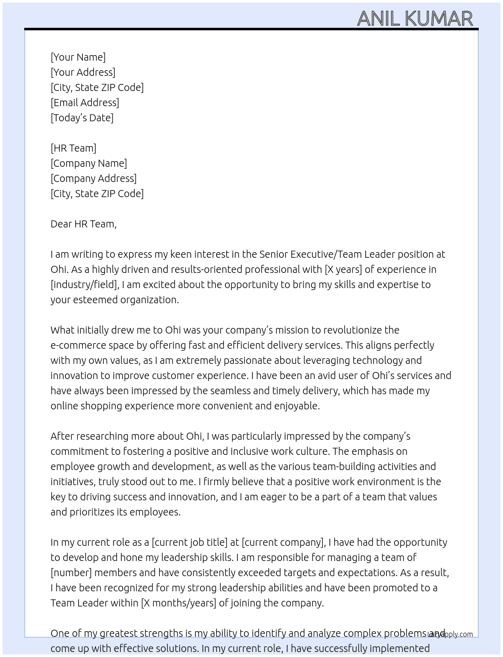 Senior executive/Team leader  At Ohi Cover Letter