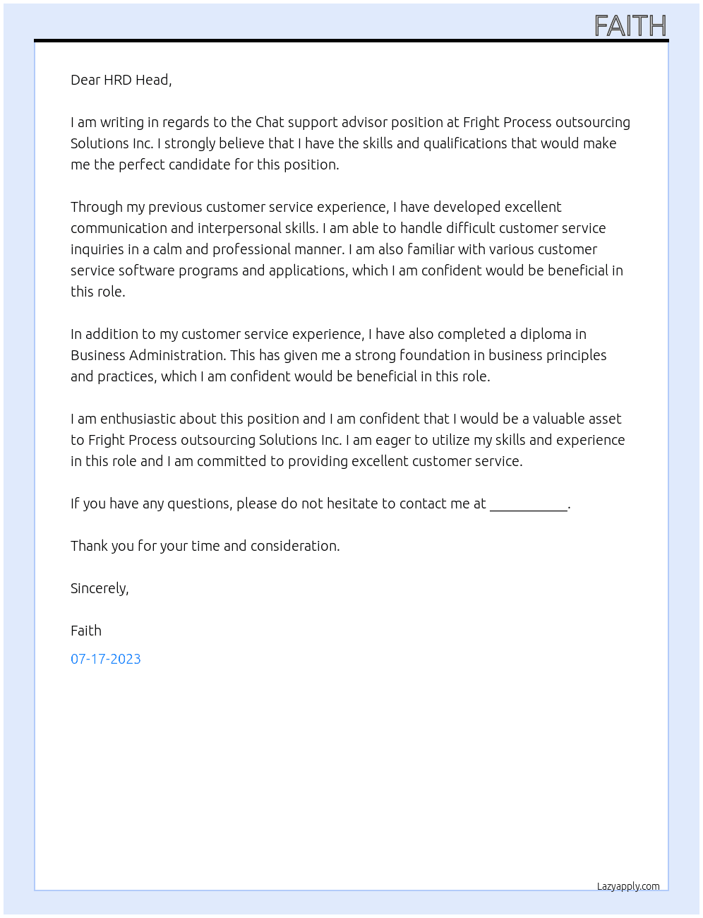 Chat support advisors At Fright Process outsourcing Solutions Inc. Cover Letter