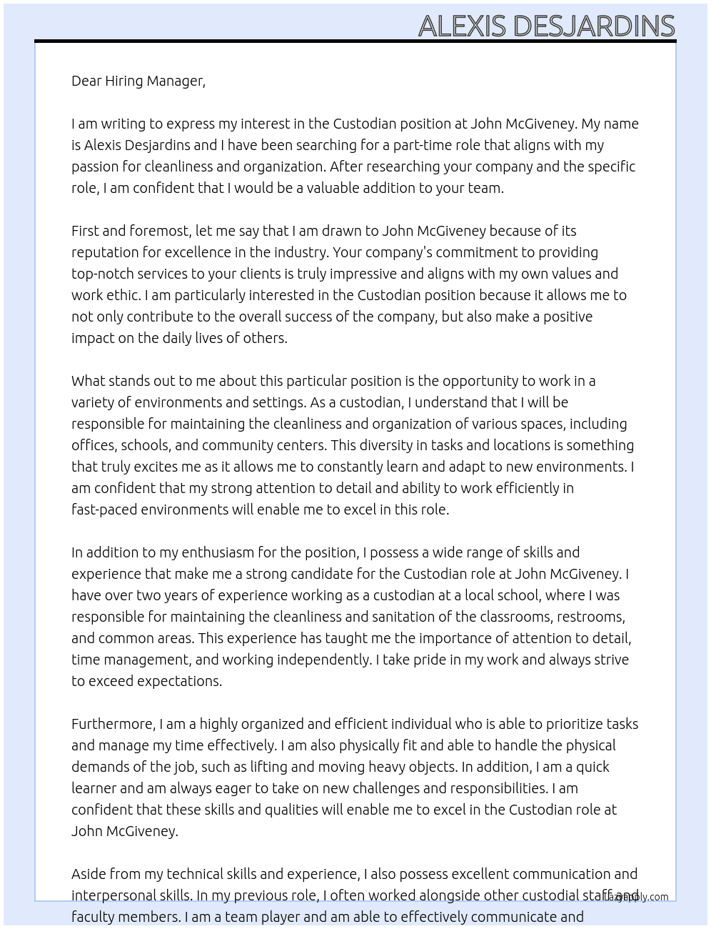 Custodian  At John McGiveney  Cover Letter