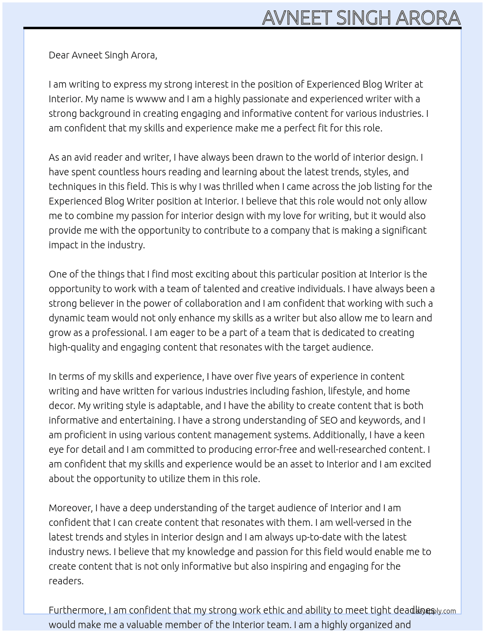 Experienced Blog Writer At interior Cover Letter