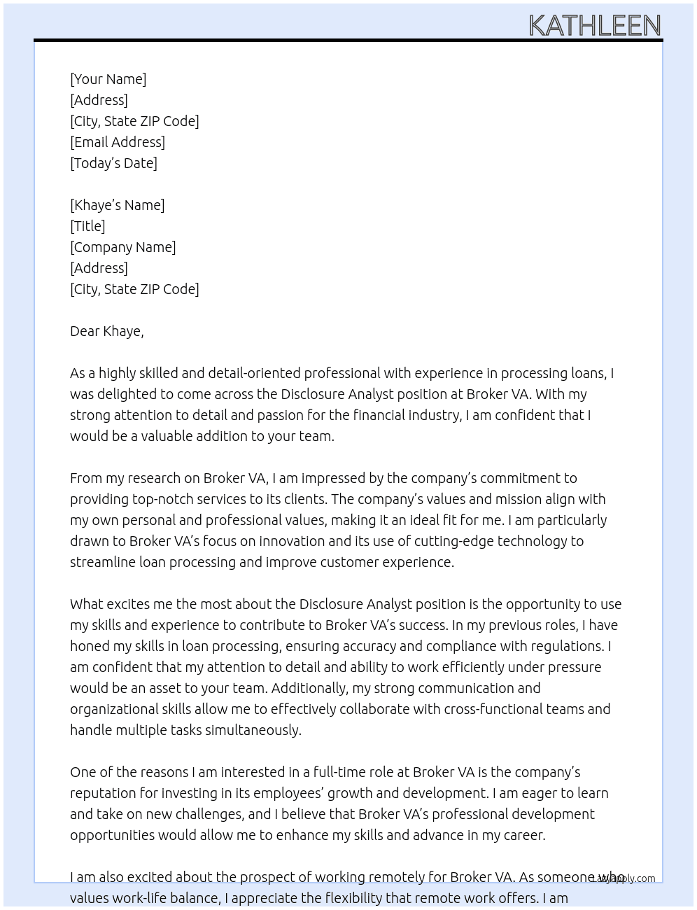 Disclosure Analyst At Broker VA Cover Letter