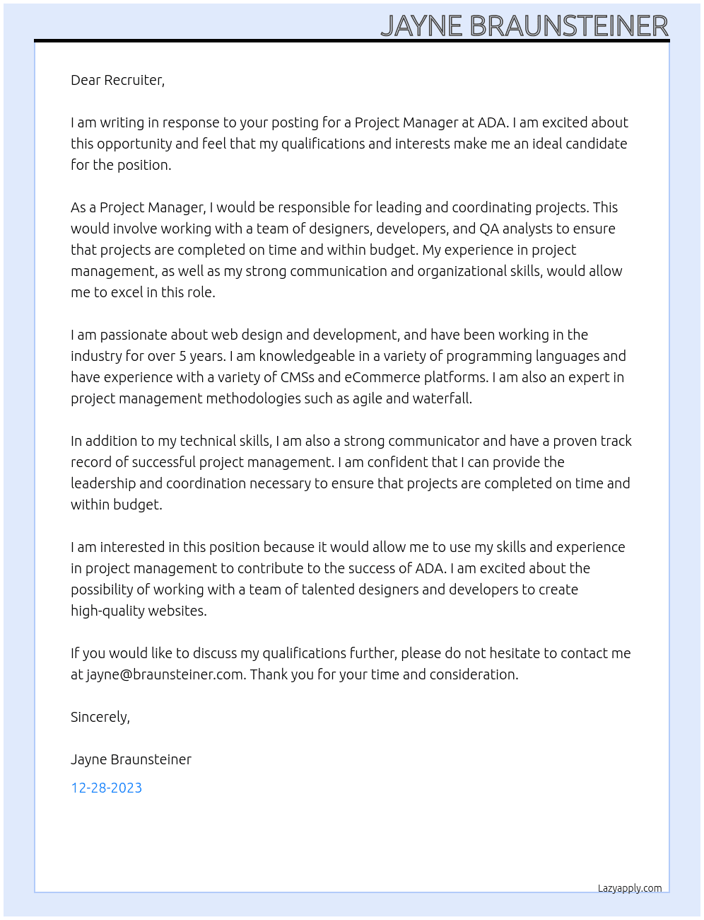 project manager At ADA Cover Letter