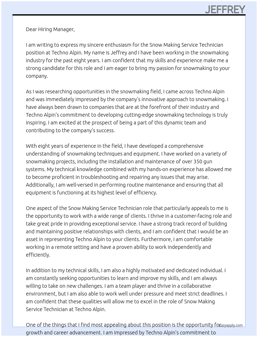 Snow making Service technician At Techno Alpin Cover Letter