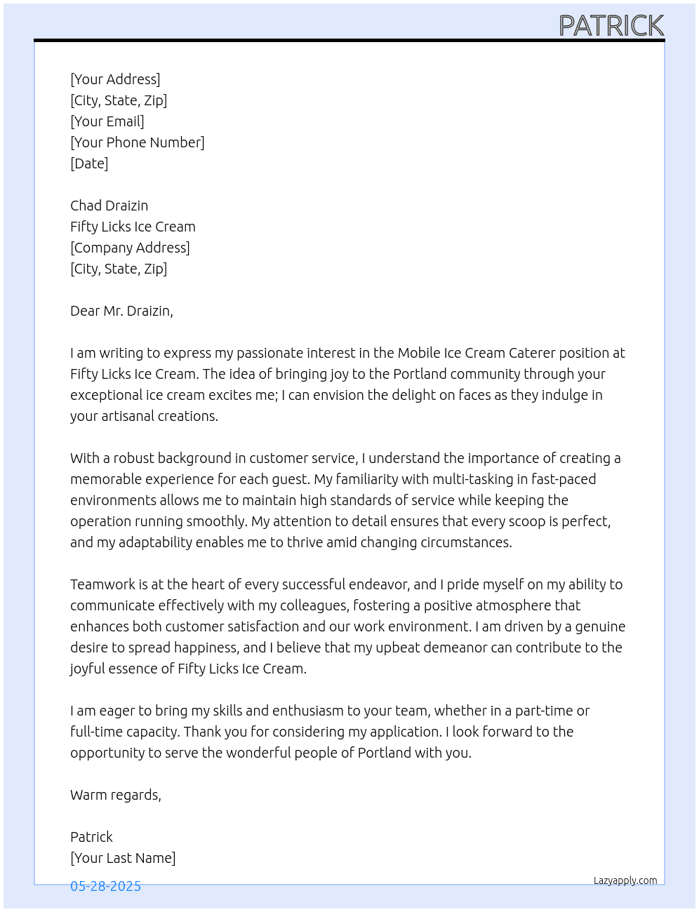 Mobile Ice Cream Caterer At Fifty Licks Ice Cream Cover Letter