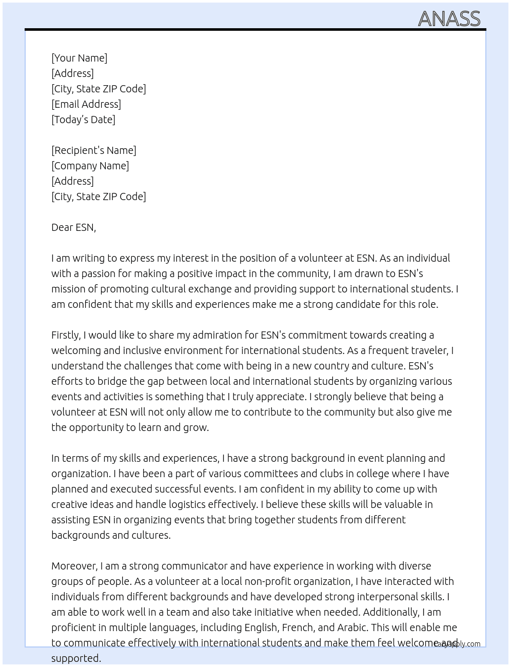 volunteer At ESN Cover Letter