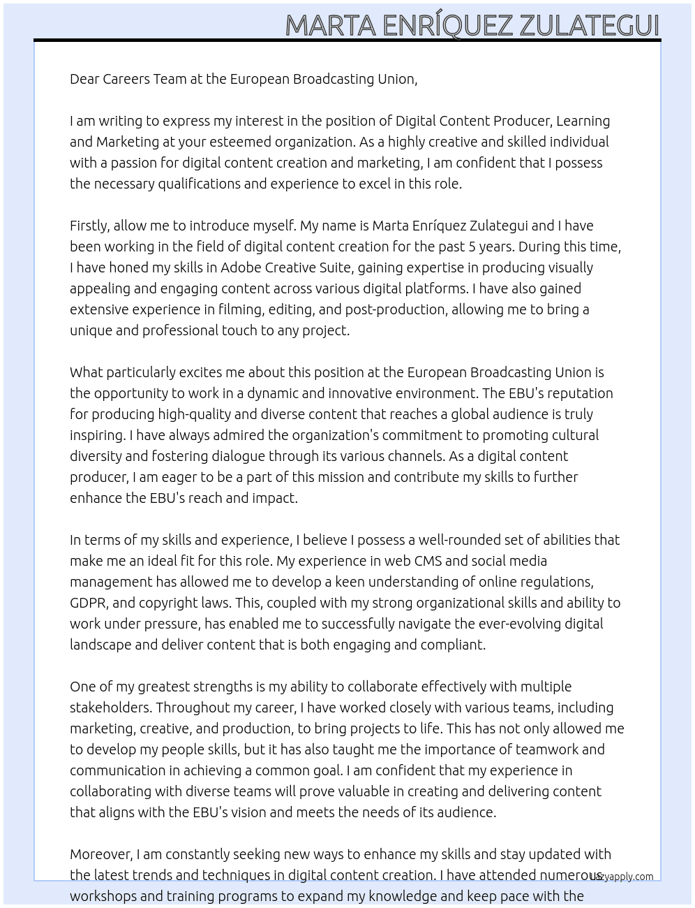 Digital Content Producer, Learning and Marketing At European Broadcasting Union Cover Letter