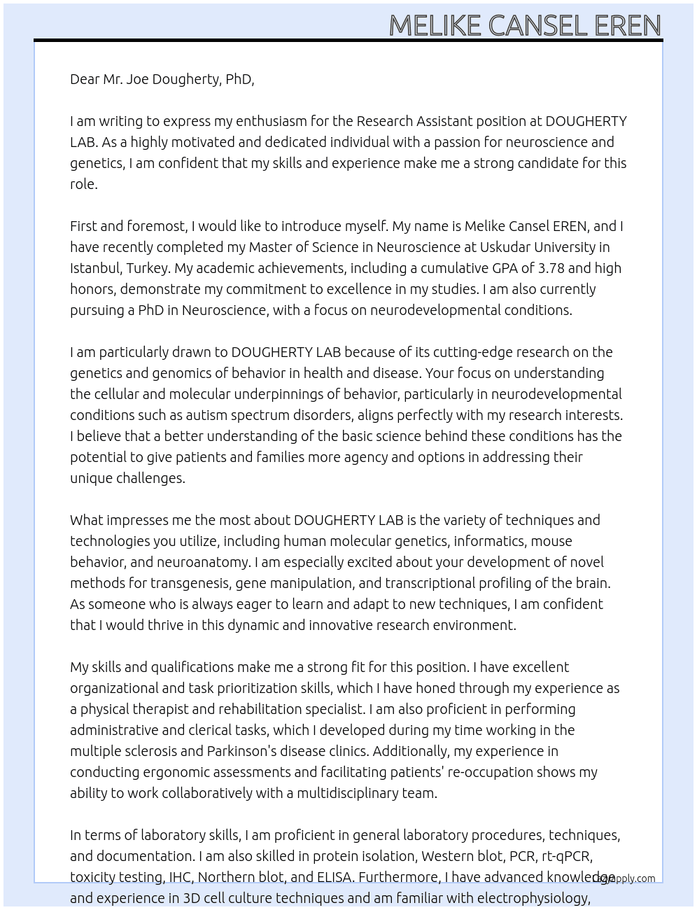 Research Assistant At DOUGHERTY LAB   Cover Letter