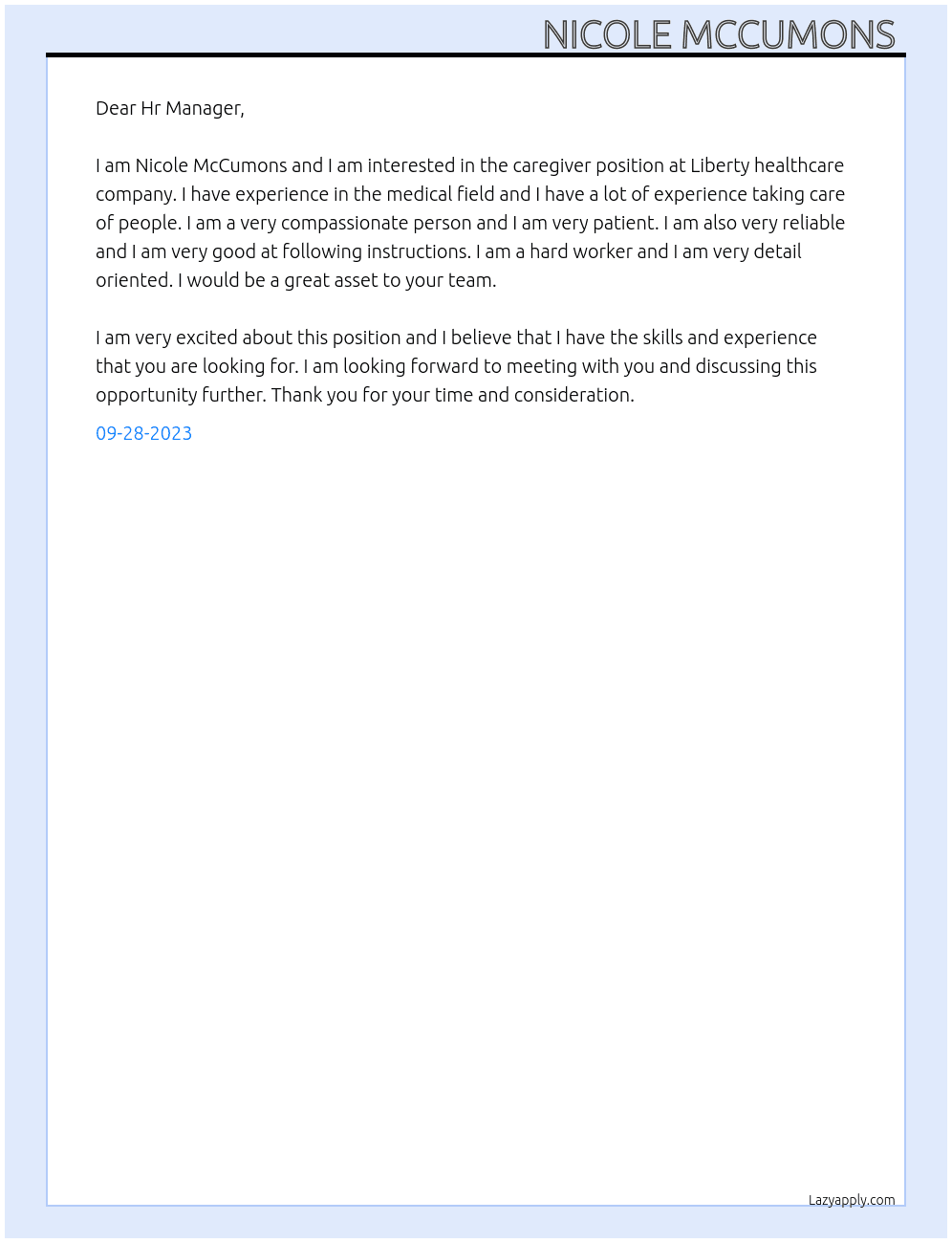 Caregiver At Liberty healthcare company  Cover Letter