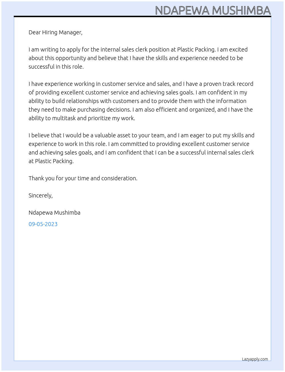 Internal sales clerk At Plastic packing  Cover Letter