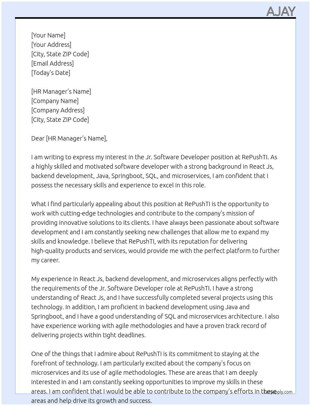 Jr. Software developer  At RePushTI Cover Letter