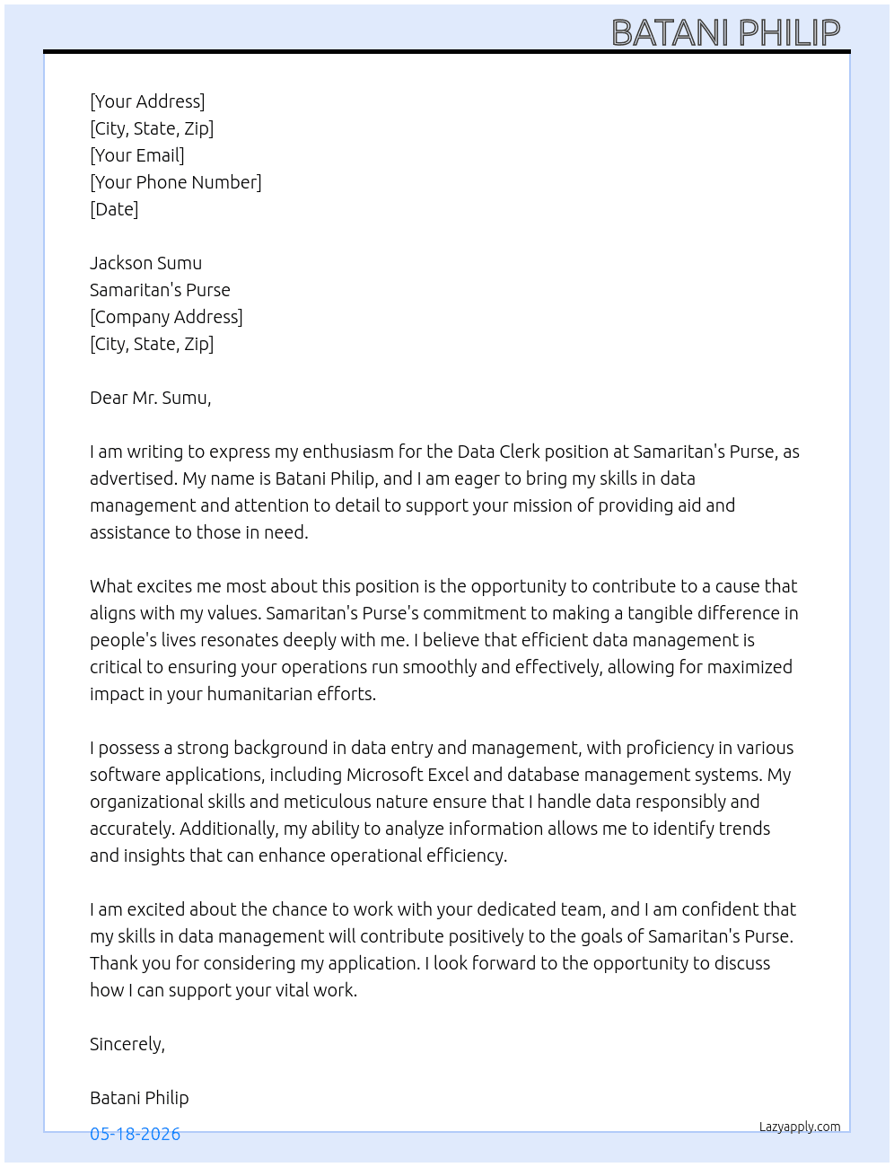 Cover letter for data clerk - LazyApply