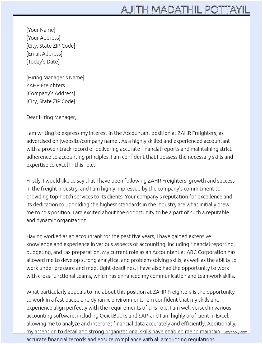 Accountant  At ZAHR Freighters  Cover Letter