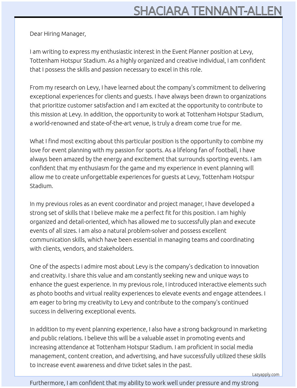 Event Planner  At Levy, Tottenham Hotspur Stadium Cover Letter